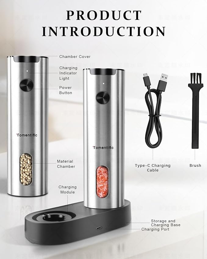 Electric Salt and Pepper Grinder Set with Rechargeable Base - Upgraded Large Capacity, Refillable Pepper Mill Set with LED Light & Adjustable Coarseness, Ideal for Kitchen, Outdoor, BBQ & Gift Giving