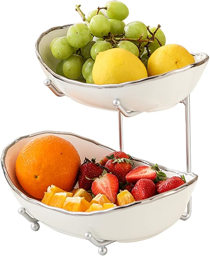 2 Tier Ceramic Fruit Bowl for Kitchen Counter, Tiered Fruit Basket for Countertop, Modern Multi Layer Fruit Display Stand for Party, Cute (Silver-rimmed, Small)