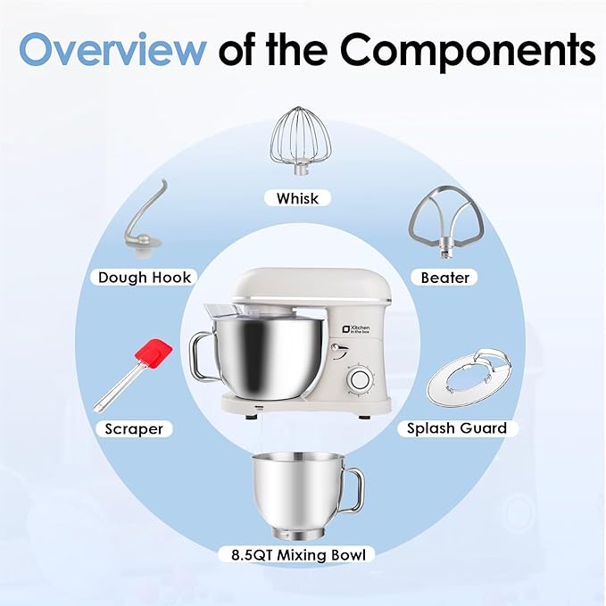 Kitchen in the box Stand Mixer - 8.5 Quart Electric Kitchen Standing Mixer 900 Watt for Heavy Bread Dough,Baking,Cake,Cream & Batters,Tilt Head Design (Cream White)