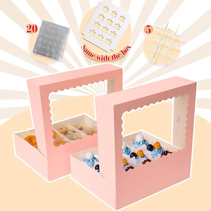 qiqee Pink 12 Cupcake Boxes with Window 16-Packs Cupcake Box 13"x10"x3.5" Cupcakes Carrier, 12 Cupcake Containers