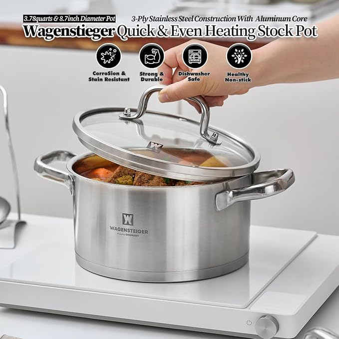 3.78-Quart Stainless Steel Stock Pot with Tempered Glass Lid, 3-Ply Construction, Ergonomic Handles, Compatible with All Cooktops, BPA Free (8.46" Diameter)