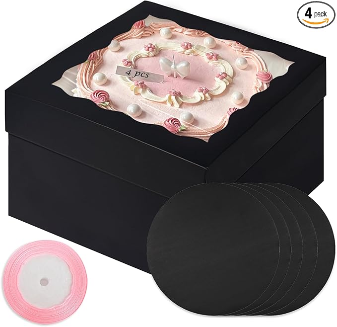 qiqee Black 10x10x8 Cake Box, 4 Sets Cake Box with Window 竊?4 Sets 10" Cake Round Boards, 10inch Cake Containers, 10 Meters Pink Silk Ribbon Includes