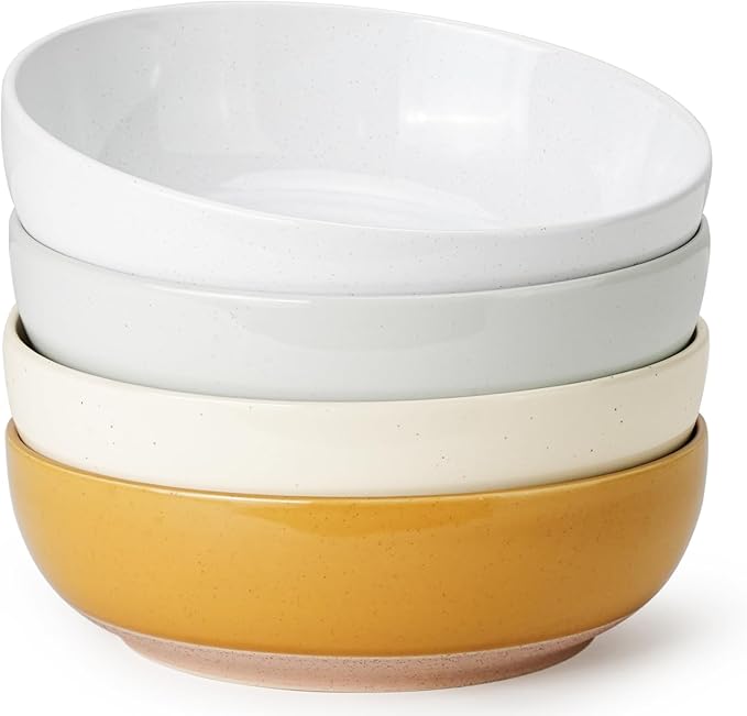 Pasta Bowls Set of 4, 34oz Speckled Ceramic Bowls Set for Serving Salad, Pasta, Soup, Dinner, 8" Wide and Deep Bowls, Dishwasher & Microwave Safe, Matte Terracotta Base (Mixed Color)