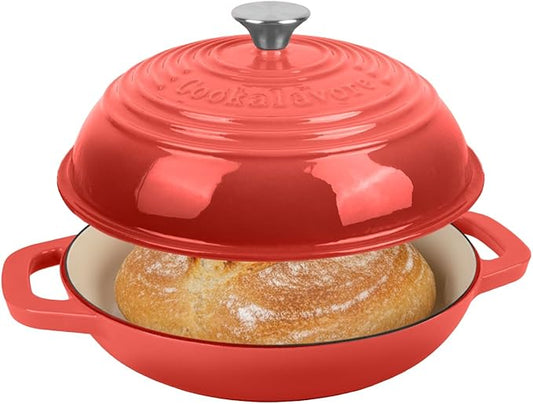 Premium Enameled Cast Iron Dutch Oven for Bread Baking | Non-Stick 5QT Oval Bread Oven with Lid | Perfect for Sourdough, Loaf, and Artisan Baking (Round Red, 5 QT)