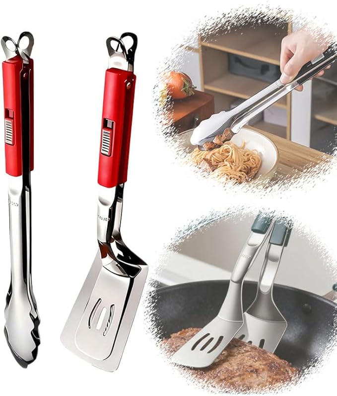 2-in-1 Stainless Steel Grill Clamp & Spatula Tongs ??Heavy Duty BBQ Cooking Utensil with Secure Sliding Lock Handle, for Grilling, Flipping, Serving ??Outdoor & Indoor Kitchen Tool Set (2 Pcs) (Red)
