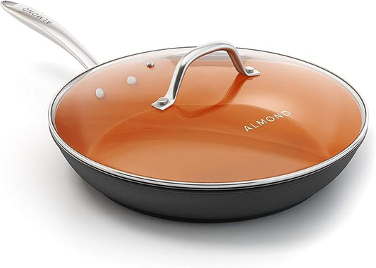 Almond Nonstick Ceramic Copper Frying Pan: Non Stick 8 Inches Skillet With Glass Lid - Round Aluminum Saute Pan for Gas, Electric and Induction Cooktops (8 Inch)