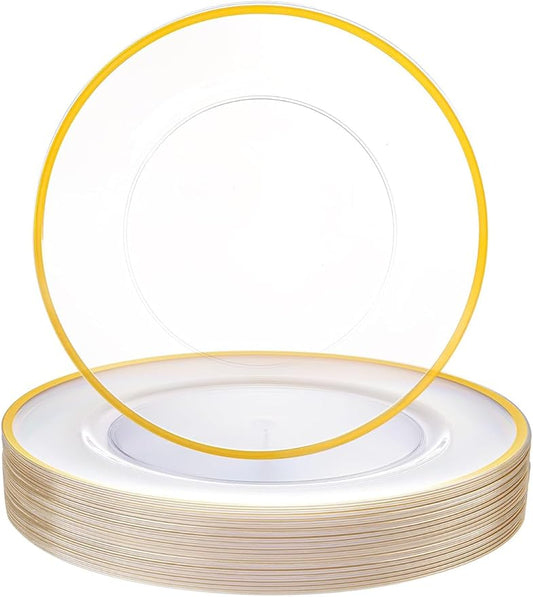WDF 25Pack Gold Charger Plates - 12inch Clear Chargers with Gold Trim - Clear Plates Disposable for Dinner Wedding Birthday Valentine's Day