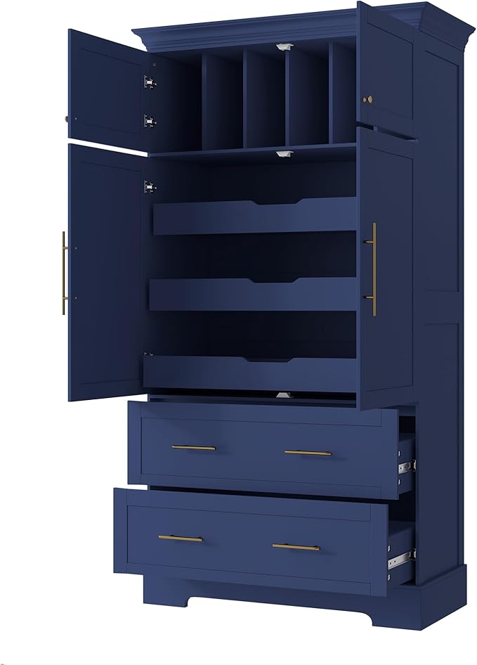 Merax 72.6" Farmhouse Kitchen Pantry Cabinet with Pull-Out Trays & Drawers, Freestanding Pantry with Cake Pan Storage, 4-Door Shaker Style Storage Cabinet, 40" L x 18" W, Blue