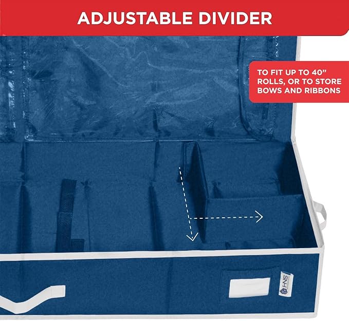 HOLDN??STORAGE Premium Wrapping Paper Storage Container - Durable 600D Tear-Proof, Fits 27 Rolls Gift Wrap, Extra Pockets for Ribbons & Bows, Underbed Storage - Ideal for Holiday Christmas, Blue