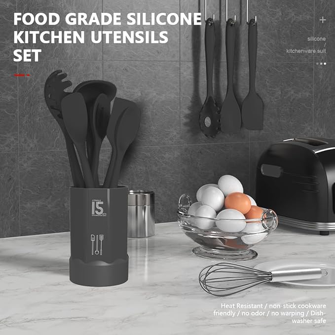 AOTHOD Silicone Cooking Utensils Set - 446째F Heat Resistant Kitchen Utensils,Spatula Sets,Turner Tongs,Spoon,Kitchen Utensil Gadgets Tools Set for Nonstick Cookware,Dishwasher Safe BPA Free (Gray)