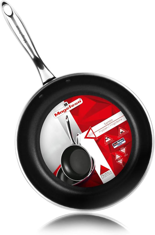Magefesa Prisma 9.4-Inch Frying Pan, 18/10 Stainless Steel, Triple-Layer Nonstick, Works on All Stovetops Including Induction, Oven Safe to 392째F, Dishwasher Safe, Durable Skillet