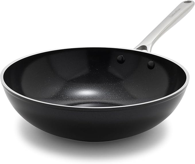 Orfeo 11??Nonstick Wok Pan, Made in Italy, Diamond Ceramic PFAS-Free Cookware, Induction Ready, Scratch Resistant, Laser-Fused Surface for Durability, Dishwasher Safe, Black