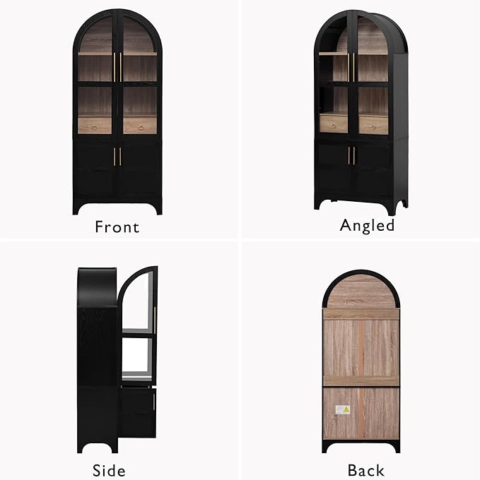 GDFStudio Mariah 71" Tall Arched Kitchen Pantry Cabinet with Hidden Drawer, Glass Door & Adjustable Shelves, Farmhouse Storage Cabinet Cupboard for Kitchen Dining Room, Home Pantry Storage, Black