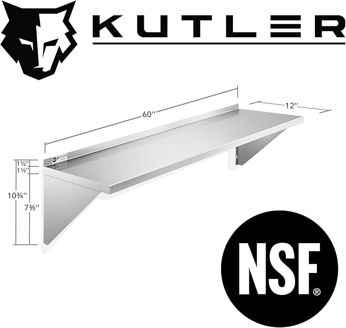KUTLER Stainless Steel Shelf - 12" x 60", NSF Commercial Wall Mount Shelves with Backsplash, Floating Metal Shelving for Restaurant, Kitchen, Home