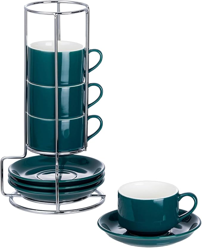 2.5oz Espresso Cups Set of 4, Small Stackable Coffee Cups with Saucers and Metal Stand, Ceramic Demitasse Cups, Cappuccino Cups for Coffee Drinks, Latte, Green