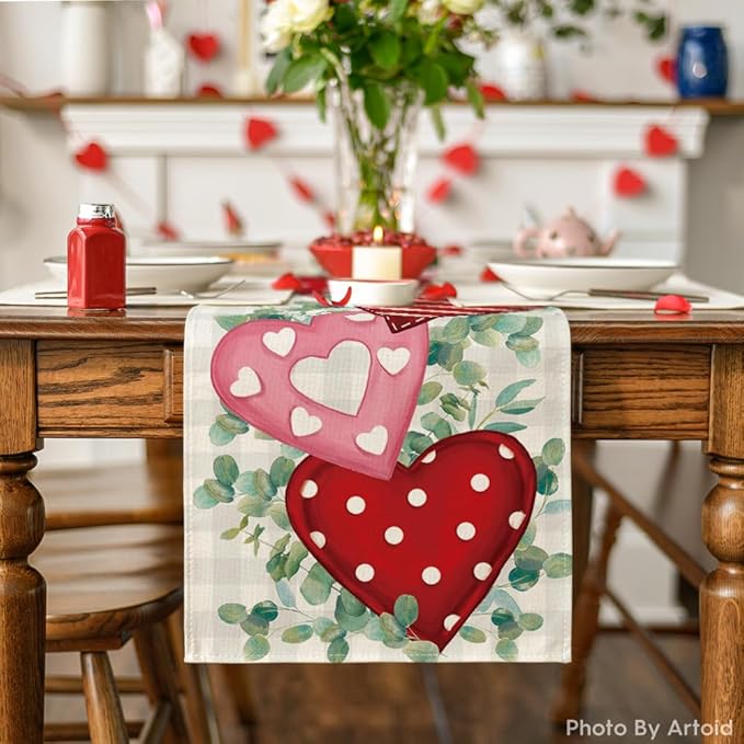 Artoid Mode Eucalyptus Polka Dot Hearts Valentine's Table Runner, HoliKitchen Dining Table Decoration for Home Party 13x108 Inch