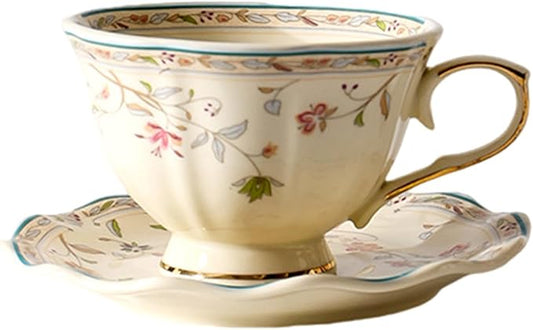 Golden Handle Ceramic Tea Cups and Saucers,Vintage flower Pattern Espresso Coffee Mug Set,Bone China Tea Cups about 8.45 oz/250 ml, Style02
