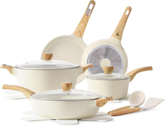 SENSARTE 14-Piece Ceramic Non Stick Induction Cookware Set, Non Toxic Healthy Non Stick Kitchen Cooking Pots and Frying Pans Set, PFAS PTFE PFOA PFOS Free, Ceramic White