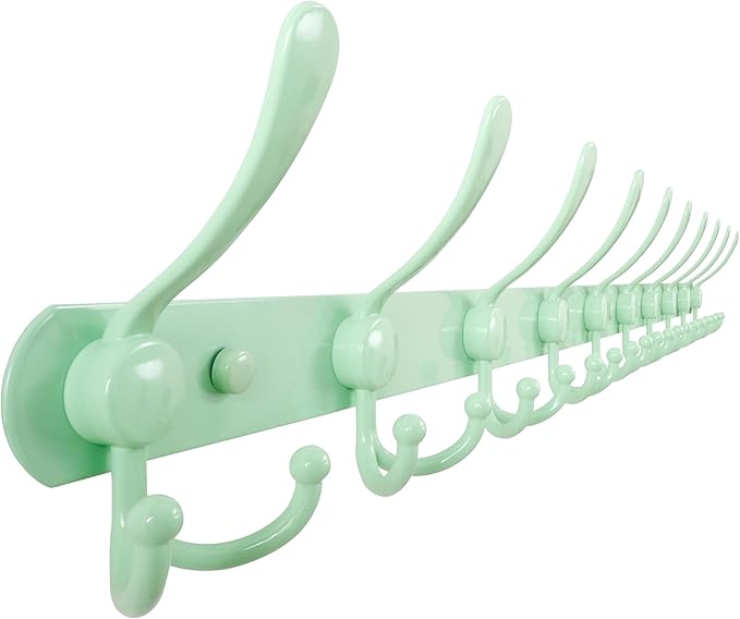 Dseap Coat Rack Wall Mount - 38??Long 10-Tri-Hooks Heavy Duty Coat Hanger Rail Wall Hooks for Hanging Coats Hats Clothing Clothes Purse Mudroom Entryway, Green