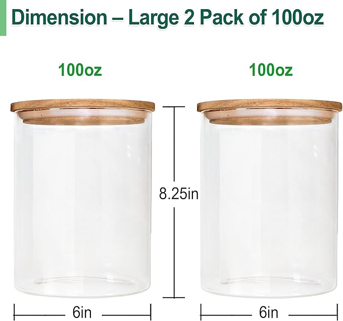 Urban Green Glass Jars with Airtight Lids, Airtight Glass Canisters set, Large Food Storage Containers with Wood Lids, 2 Pack of 100oz竊?Dry Food Pantry Jars, Flour Containers