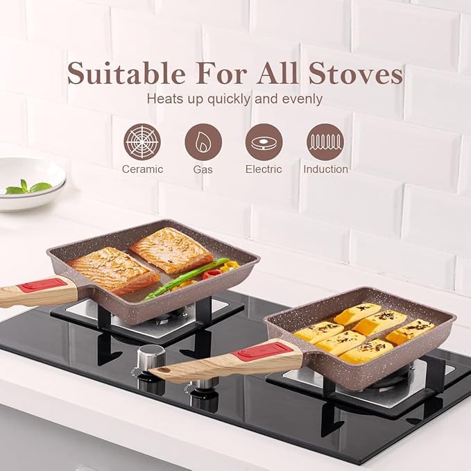 Ceramic Nonstick Tamagoyaki Pan, Japanese Omelette Pan egg pan with Detachable Handle, Oven Safe, 7.48??x 6.8??(Brown)