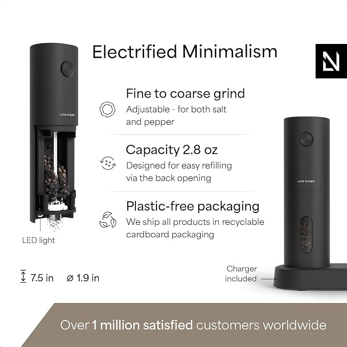 LARS NYS횠M Electric Salt and Pepper Grinder Set, USB Rechargeable, Automatic Salt and Pepper Mills, Spice Shakers Refillable with LED Light, Adjustable Coarseness, Ceramic Grinder (Carbon Black)