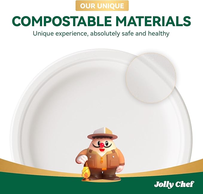 JOLLY CHEF Compostable Heavy Duty Plates ?윮?윭 ?뿙?뿻?뿰?뿵 [?윮?윶?윭 ?뿣?뿮?뿰?뿸] Eco-Friendly Disposable Uncoated Paper Plates Bagasse Biodegradable Bulk for Party Dinner Hot Cold Food Christmas (White)