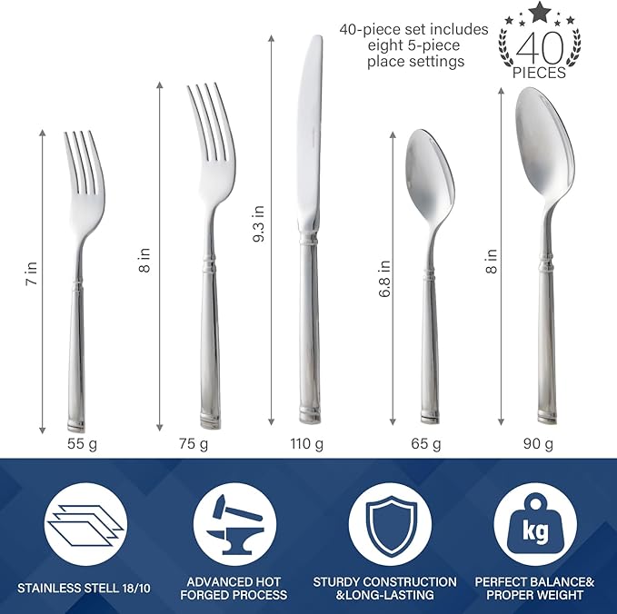 40-Piece Silverware Set for 8竊똕erenity Flatware Set 18/10 Stainless Steel竊똅ine Cutlery Set with Forks, Knives, Spoons竊똃urable and Elegant Design Tableware竊똃ishwasher Safe