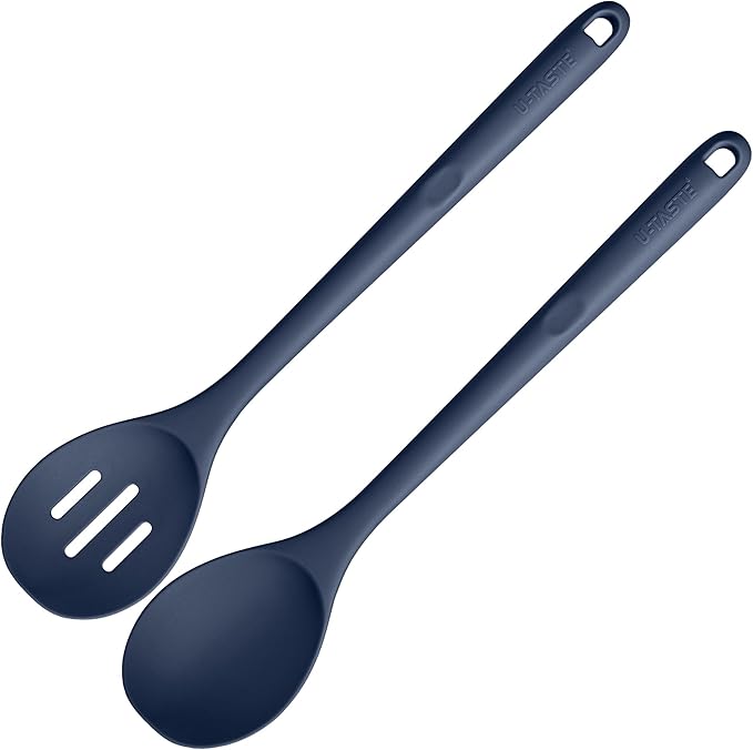 600쨘F Heat Resistant Silicone Spoons: U-Taste 13.3in Solid & Slotted Kitchen Cooking Spoon, Nonstick Long Rubber Utensil, Sturdy for Mixing, Serving, Stirring, Draining (Midnight Blue, 2PCS)
