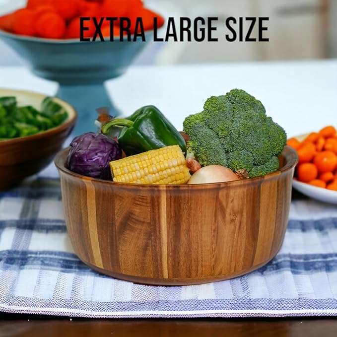 Extra Large Wooden Salad Bowl - 12??x 5??Acacia Wood Serving bowl with 2 servers, Large Fruit bowl for food with serving utensils, Housewarming Wedding Christmas Gift