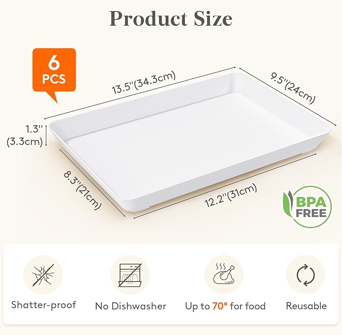 Lifewit Plastic Serving Tray for Party, 6 Pcs White Trays for Serving Food, Reusable Platters for Buffet, Fruit, Cookie, Charcuterie, Appetizer, Snack, Rectangle, New Year Party Supplies, BPA Free