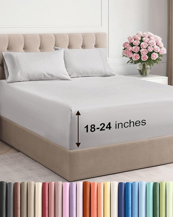 Extra Deep Pocket Cal King Sheets - 4 Piece Breathable & Cooling Bed Sheets - Hotel Luxury Bed Sheet Set - Soft, Wrinkle Free & Comfy - Easily Fits Extra Deep Mattresses - French Grey Sheets Set