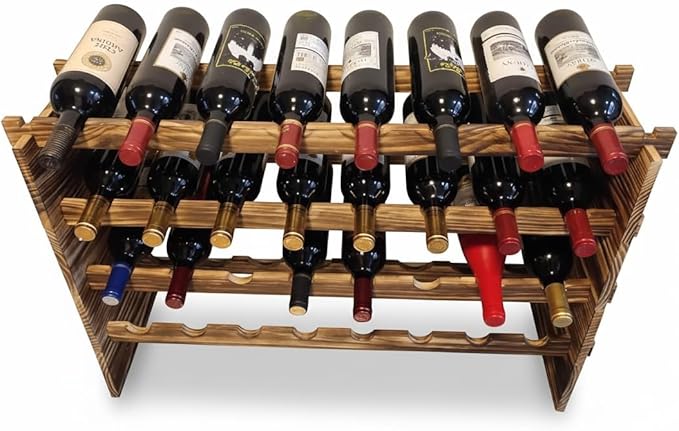 32-Bottle 4-Tier Stackable Wine Rack ??Freestanding Carbonized Pine Organizer for Home Bar, Kitchen, Countertop, Modular DIY Design