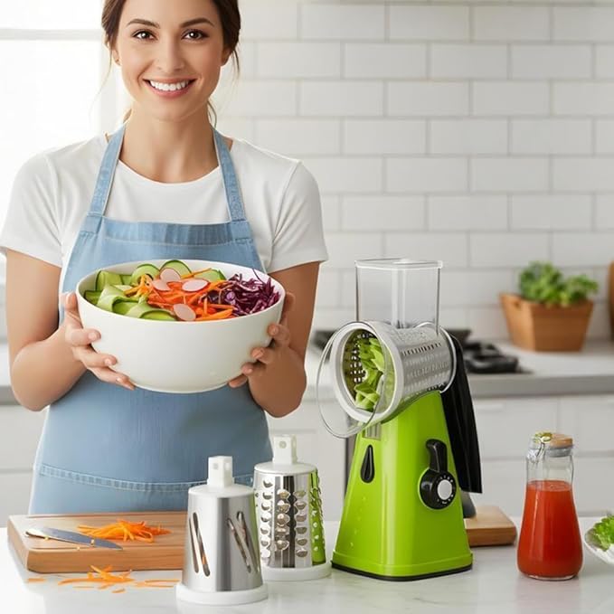 5 In 1 Food Chopper, 2026 New Rotary Cheese Grater - 3 Interchangeable Blades Manual Speed Round Food Slicer, Nut Grinder with Strong Suction Base (Green)