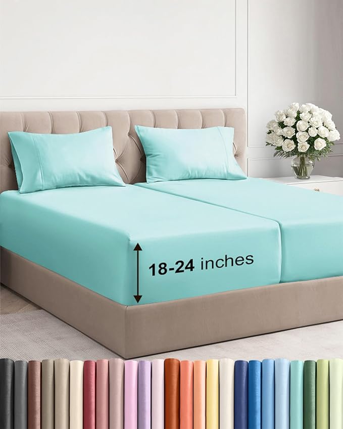 Extra Deep Pocket Split King Sheets - 5 Piece Breathable & Cooling Bed Sheets - Hotel Luxury Sheet Set - Soft, Wrinkle Free & Comfy - Easily Fits Extra Deep Mattresses - Deep Pocket Spa Blue Sheets