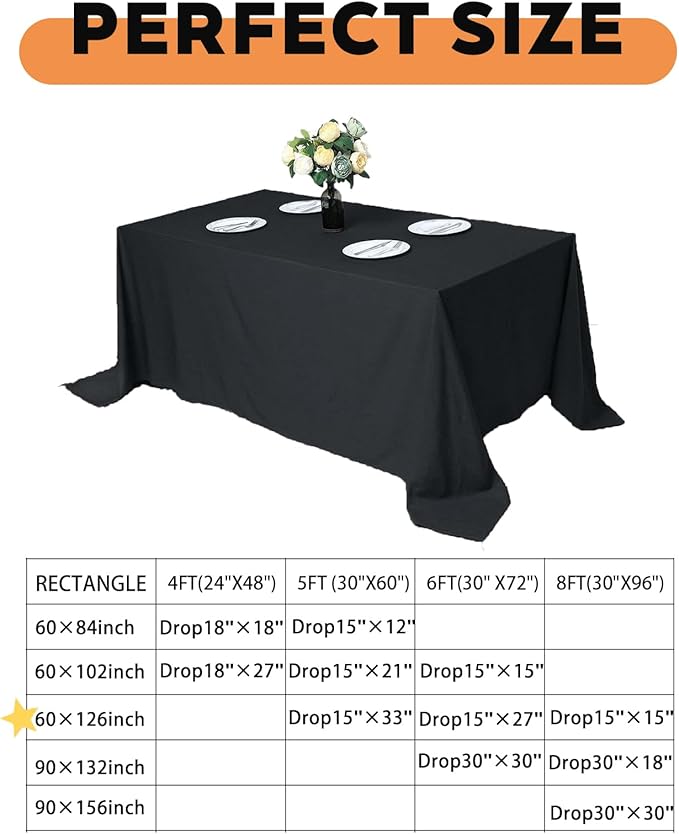 TWINPRET Rectangle Tablecloth 60 x 126 Inch, Black Waterproof Washable Polyester Table Cloth - Stain & Oil Resistant Rectangular Table Cover for Banquet & Party (Fits 8 Foot Tables) [2 Pack]