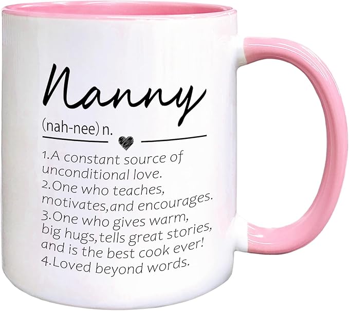QASHWEY Nanny Definition Coffee Mug, Nanny Grandma Mother's Day Birthday Gifts for Granddaughter Grandson, Best Grandma Nanny Gifts Double Side Printed Ceramic Mug Cup 11 Ounce(Pink)