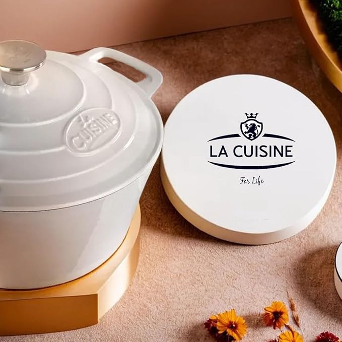 La Cuisine Enameled Cast Iron Dutch Oven Casserole Dish Pot with Lid 5 QT 10.3" /26cm Cream White Enamel Coating Interior, White Enamel Coating Exterior, Oven Safe up to 500째 F