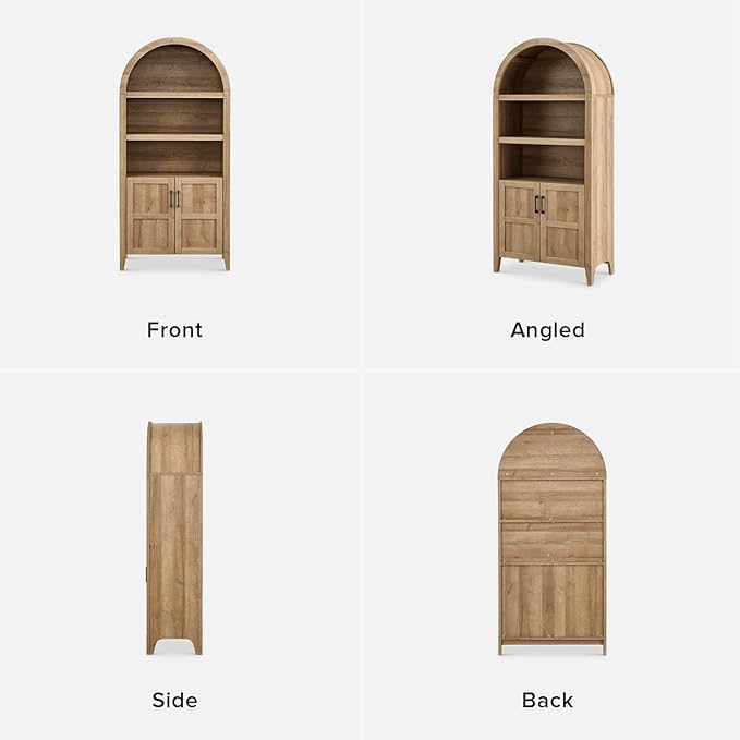 mopio Lauren 65.4" Short Arched Cabinet, 5-Tier Arched Bookcase with Doors and Shelves, Mini Arch Bookshelf with Storage, Wooden Storage Cabinet for Living Room and Kitchen Pantry (Set of 2, Oak)