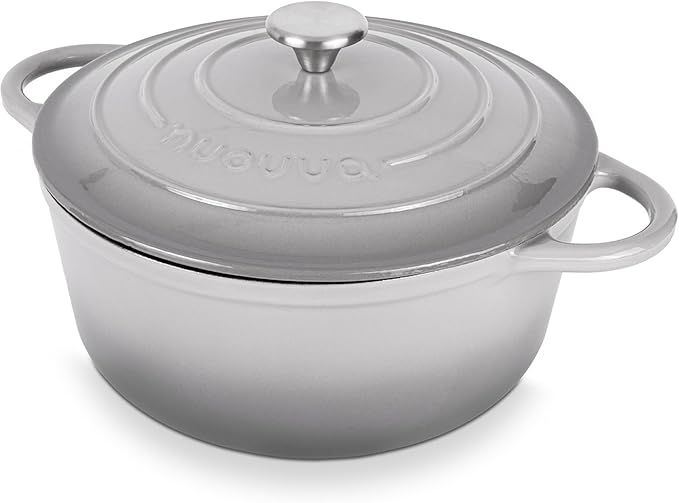 Nuovva Enamelled Cast Iron Dutch Oven Pot with Lid ??6.4 Quart Non Stick Casserole Pot ??Heavy Duty & Oven Safe up to 500째 F for Bread Baking, Braising, Stews, Roasting ??28cm Grey