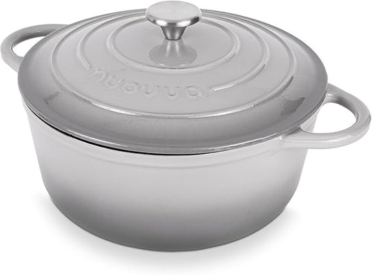 Nuovva Enamelled Cast Iron Dutch Oven Pot with Lid ??6.4 Quart Non Stick Casserole Pot ??Heavy Duty & Oven Safe up to 500째 F for Bread Baking, Braising, Stews, Roasting ??28cm Grey