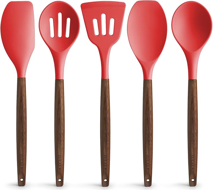 Zulay Kitchen Utensils Set Non-Stick Silicone Cooking Utensils Set with Authentic Acacia Wood Handles - 5 Piece Silicone Utensil Set - Kitchen Utensils Set with 464째F Heat Resistance - Red