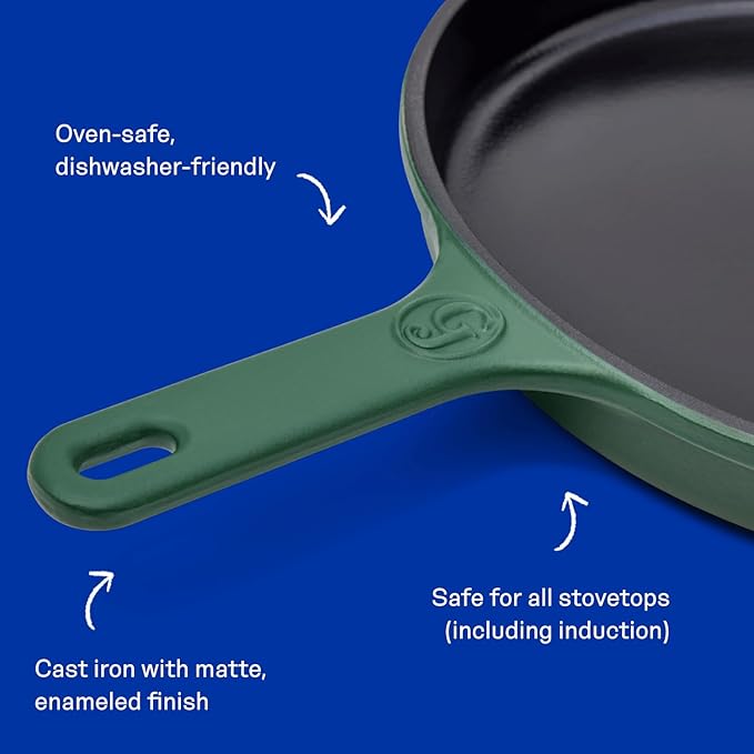 Great Jones King Sear Cast-Iron Skillet (Broccoli, 12") | Enameled for Easy Cleaning | Safe for All Stovetops & Ovens | Perfect for Crispy Chicken, Steak & More | Oven-Safe to 500째F | Hand Wash Only