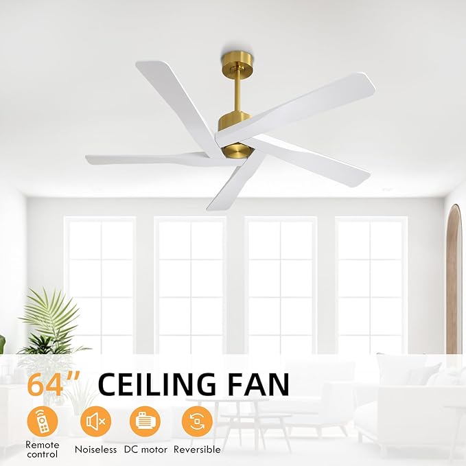 WINGBO 64" ABS DC Ceiling Fan No Light, 5 Blade ABS Plastic Ceiling Fan with Remote, 6-Speed Reversible DC Motor, Ceiling Fans without Light for Kitchen Bedroom Living Room, Brass and White