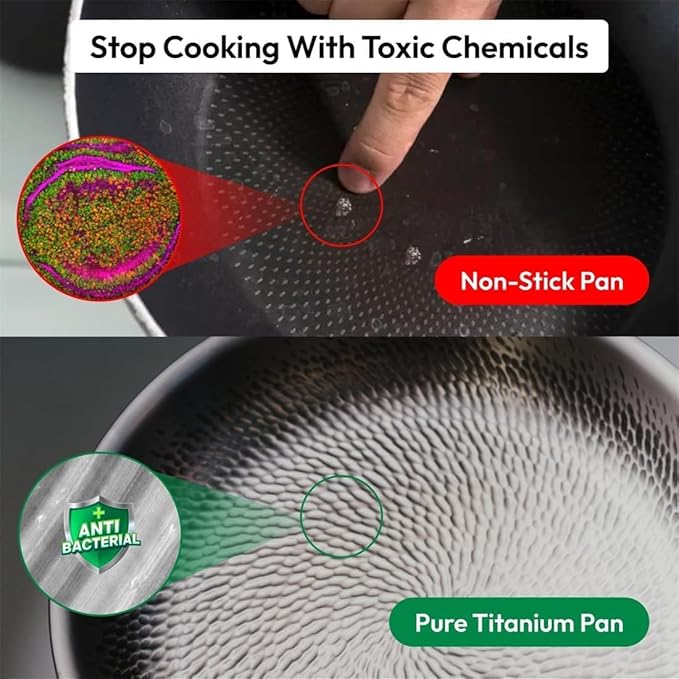 Stainless Steel Hammered Pan Pro, Titanium Full-Screen Honeycomb Wok, Fast Heating, Non-Stick Titanium Pan Without Coating, Includes Spatula and Cleaning Brush for All Cooktops (11in hammered*2)