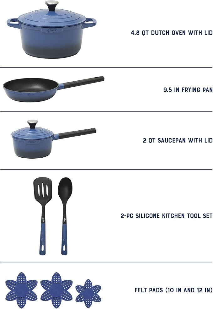 Oster Platinum Amberton 10 Piece Cast Aluminum Pots and Pans PFA Free Ceramic Non Stick Cookware Set - Blue