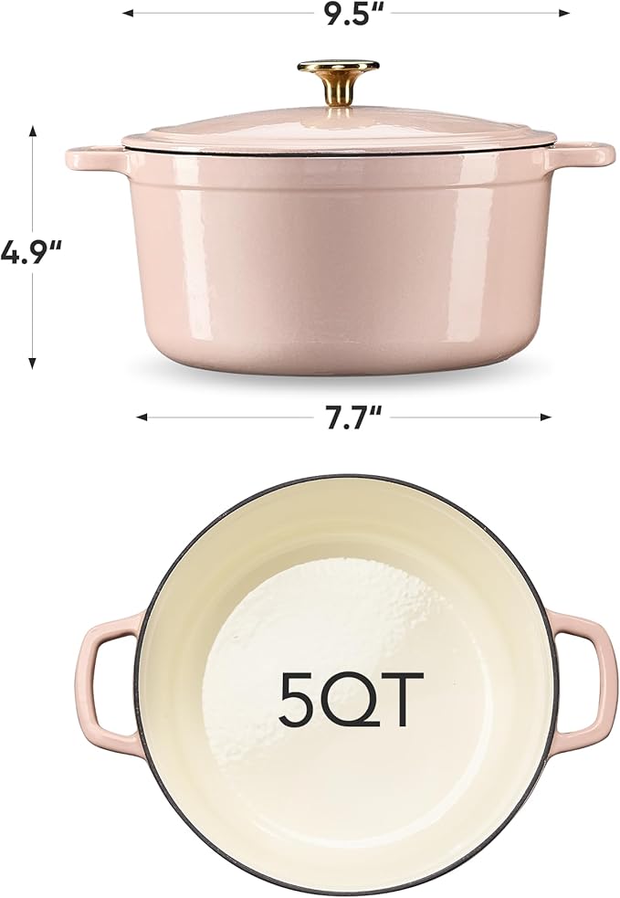 CAROTE 5QT Enameled Cast Iron Dutch Oven Pot with Lid, Heavy-Duty Dutch Ovens for Sourdough Bread Baking, Braising, Roasting, Dual Handles, Healthy & Non-Toxic, All Stovetop Compatible, Oven Safe up to 500째 F, Macaron Pink