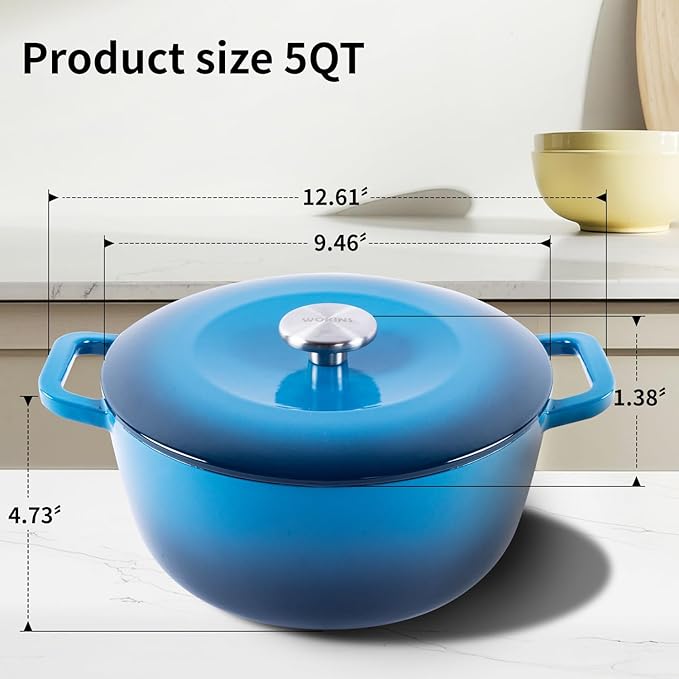 Enamel Cast Iron Dutch Oven with Lid,Dual Handles,Heavy-Duty Cookware for Sourdough Bread Baking,Braising,Stews,Roasting,Oven Safe up to 500째 F,5QT,blue