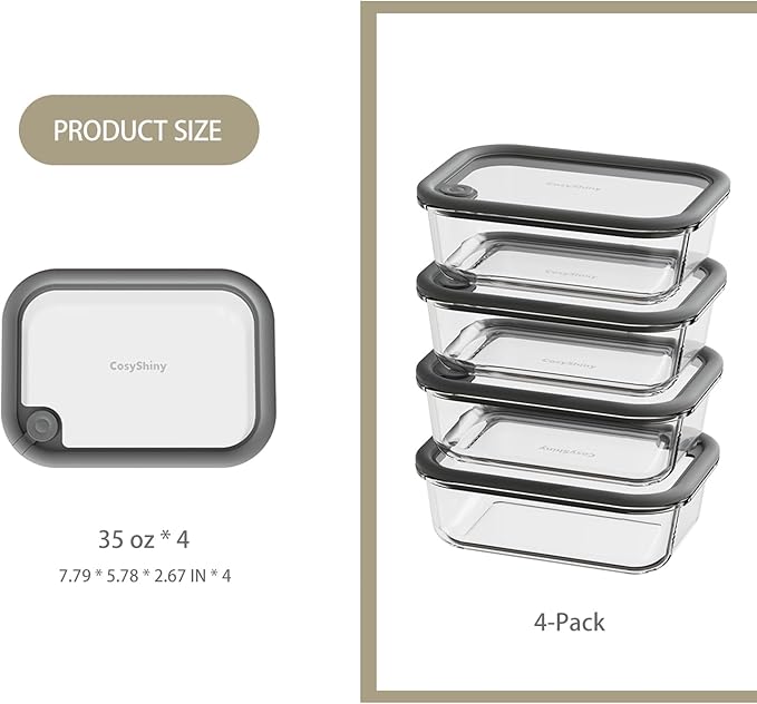 Glass Food Storage Containers with Silicone Glass Lids, 304 Stainless Steel Salad Dressing Containers, Microwave-safe LeakProof Food Containers Set, 100% Plastic Free-4-pack（Grey）