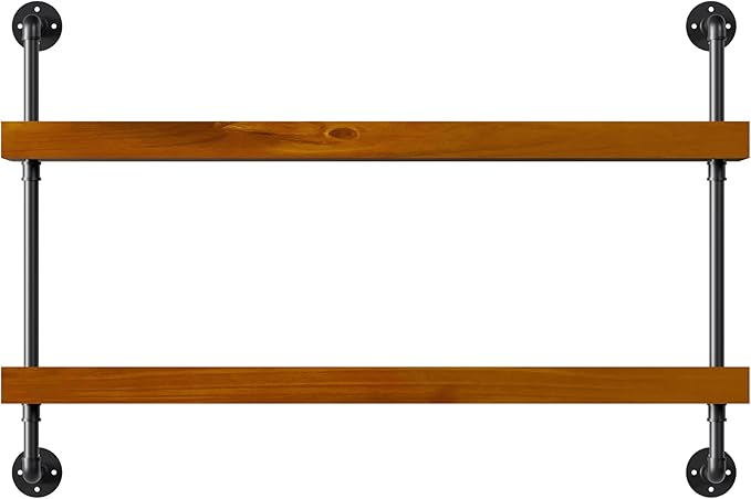Industrial Wine Rack Wall Mounted, Solid Wood Shelf with Metal Pipe Brackets, 2-Tier Rustic Hanging Organizer for Wine Bottle Storage in Kitchen, Bar, Pub, Cellar(Walnut Brown, 48 Inch)